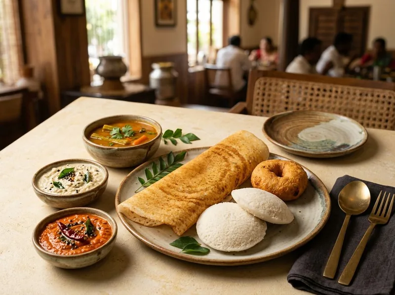 South Indian breakfast selection with dosa and accompaniments