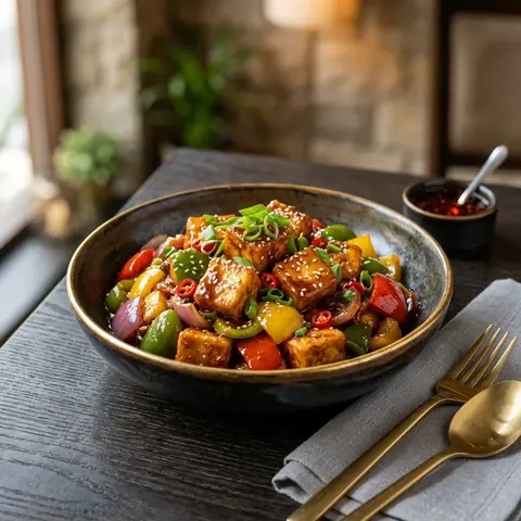 Chilli Paneer with peppers and onions