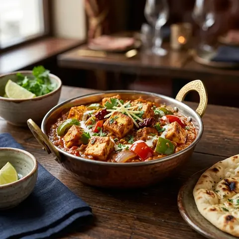 Kadai Paneer with capsicum in a ceramic bowl
